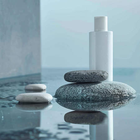 Spa still life with stones and bottle of moisturizing cream.の素材