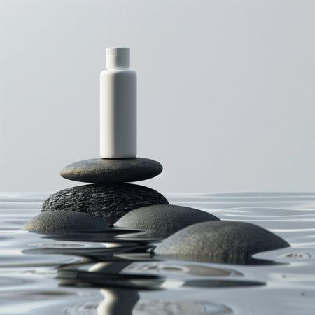 bottle of cosmetic cream on a black stone in the water with wavesの素材
