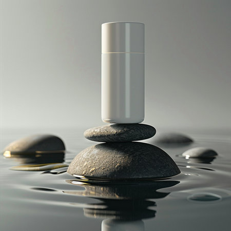 3d render of white cosmetic bottle on a stone in the water.の素材