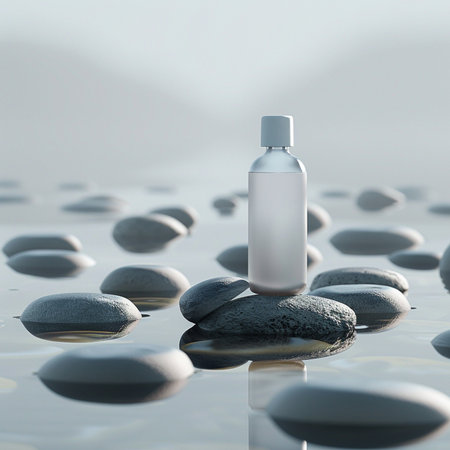 Cosmetic bottle with dropper on pebbles. 3D renderingの素材