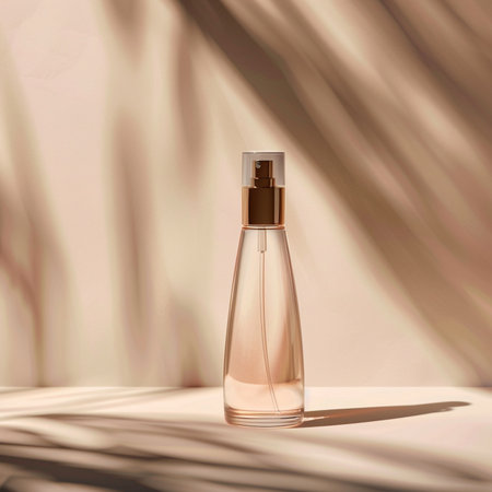 Transparent perfume bottle on a beige background. 3d renderingの素材