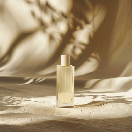 Perfume bottle mockup on the sand. 3d renderingの素材