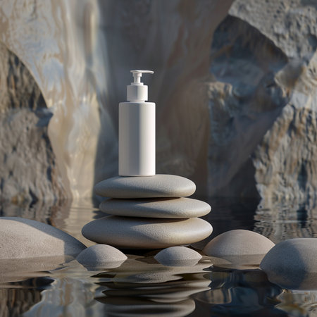 White cosmetic bottle with dispenser on stones in water. 3d renderの素材