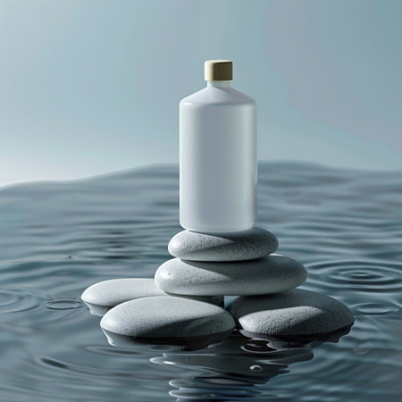 3d render of white bottle on zen stones over water surfaceの素材