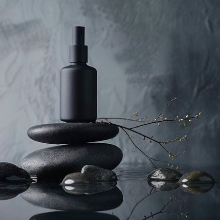 beautiful spa still life with black cosmetic bottle on the black stoneの素材