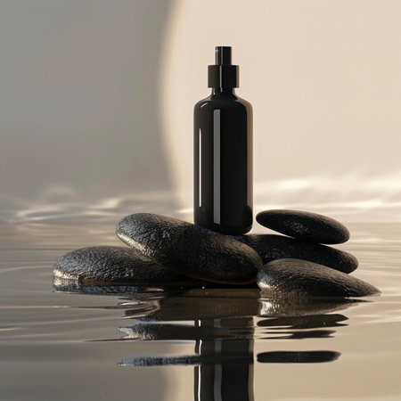 Black cosmetic bottle on zen stones in water. 3d renderの素材