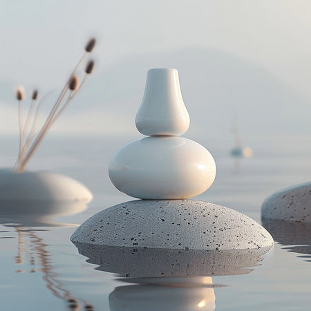 zen stones in water, zen concept, 3d render illustrationの素材
