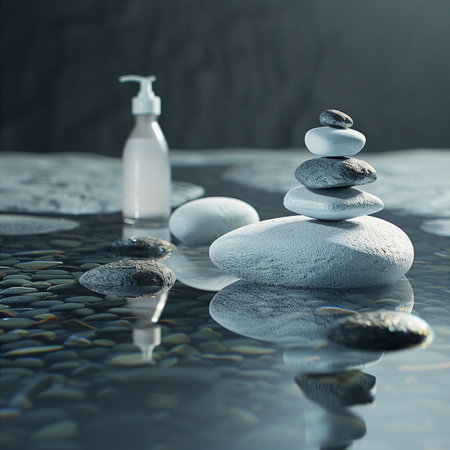 Spa still life with zen stones and shampoo bottle on waterの素材