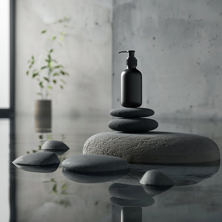 Spa still life with massage stones and shampoo bottle. 3d renderの素材