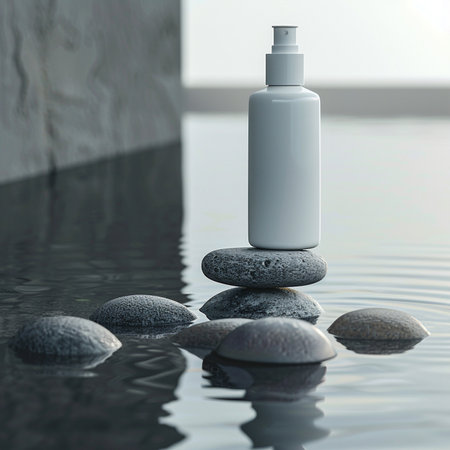 Cosmetic bottle on stones in water. 3d illustration. Spa conceptの素材