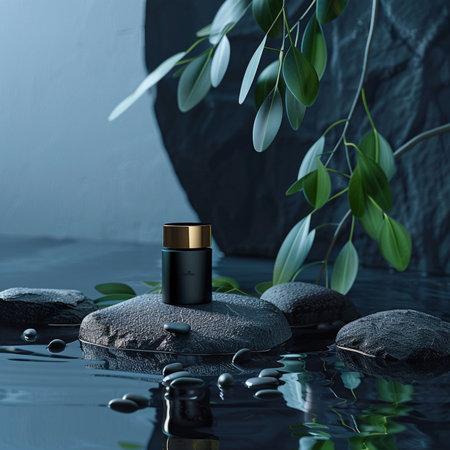 Luxury black cosmetic bottle mockup on black stone with green leaves. 3d renderingの素材