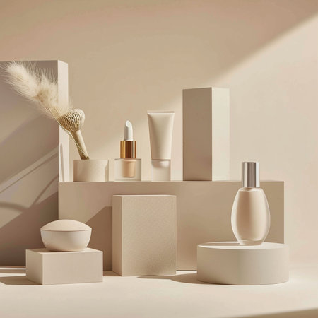 3d render of cosmetics product display podium. Skin care and spa concept.の素材