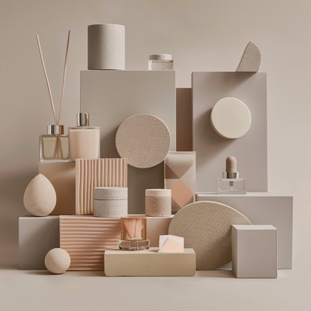 3d render, abstract composition of geometric shapes, podiums, natural materials for cosmetic products, beige backgroundの素材