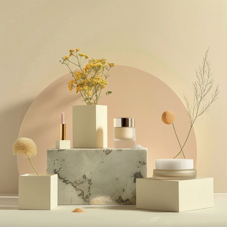 3d render of podium with cosmetic products in pastel colors.の素材