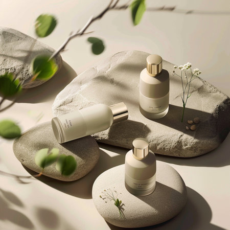 Cosmetic products on the stones with green leaves. 3d renderingの素材