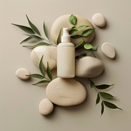 3d render of cosmetic bottle with green leaves on gray background.の素材