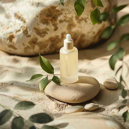 Cosmetic bottle on stones and green leaves on sand, closeupの素材