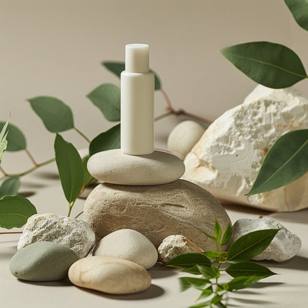 Spa stones, eucalyptus leaves and cream on beige backgroundの素材