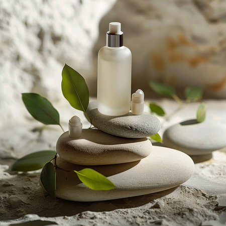 Beautiful spa composition with natural cosmetic products and green leaves on sandの素材