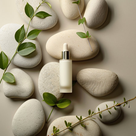 cream cosmetic bottle on white stone and eucalyptus branchの素材