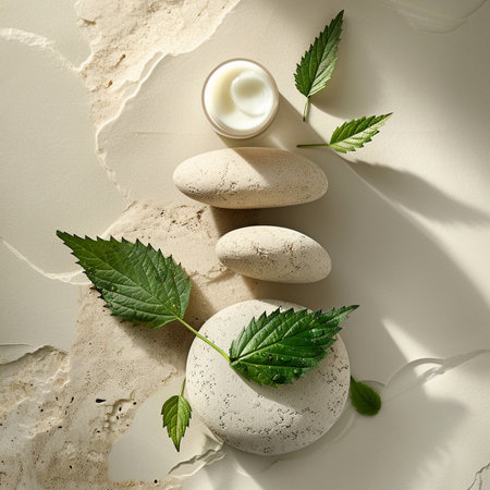 Spa stones with green leaves and cream on light background, top viewの素材