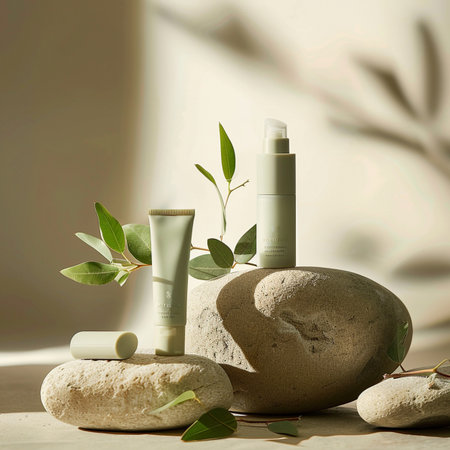 cosmetic cream bottle containers with eucalyptus leaves and stoneの素材