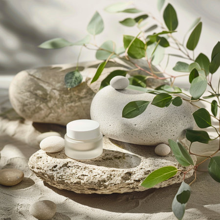 Jar of cosmetic cream and eucalyptus leaves on stonesの素材