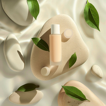 3d render of cosmetic cream bottle on white background with green leavesの素材