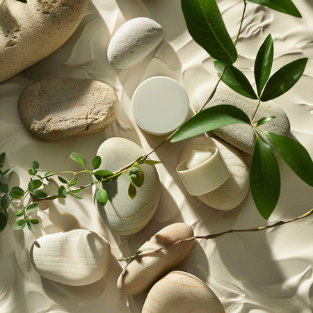 Composition with spa stones, green leaves and cream on light backgroundの素材