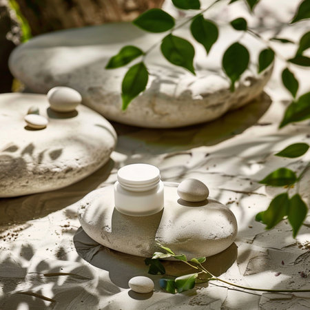 Spa still life with pebbles and green leaves on white sandの素材