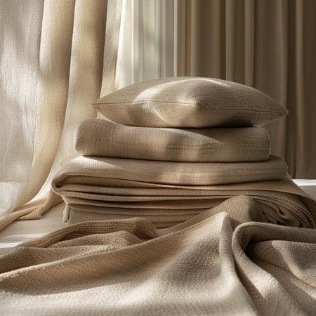 Comfortable soft beige pillows on the window sill in sunlightの素材