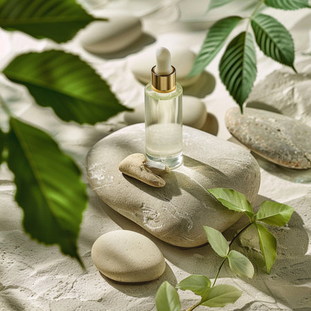 Organic cosmetics with green leaves and stones on sand, closeupの素材