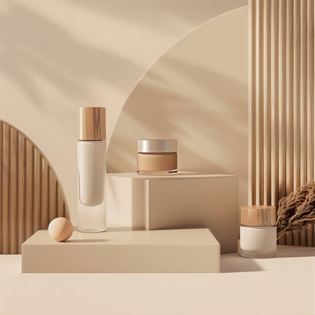 3d render of beige podium with cosmetic products in it.の素材