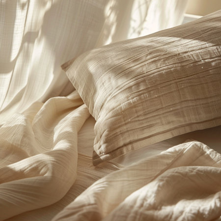 Close up of white bedding sheets and pillows in soft lightの素材