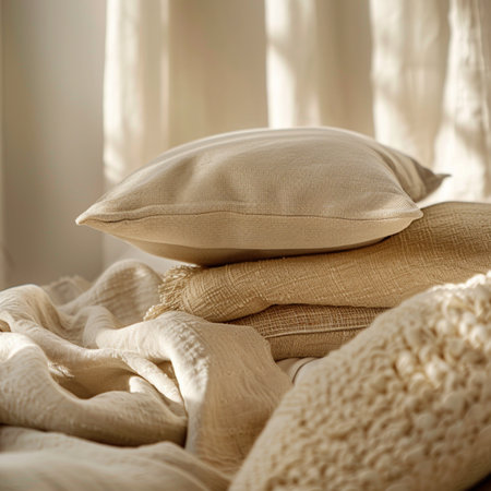 A stack of pillows and a knitted blanket on the windowsillの素材