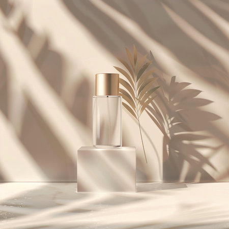 3d render of cosmetic product display podium with palm leaf shadow.の素材