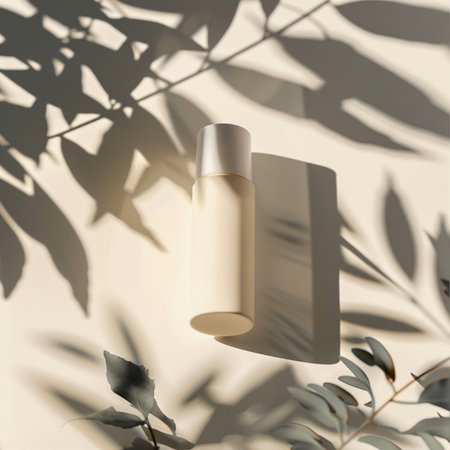 skin care serum mockup bottle packaging product on beige background with shadows.の素材