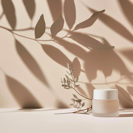Cosmetic cream jar with eucalyptus leaf shadow on beige background. 3d renderingの素材