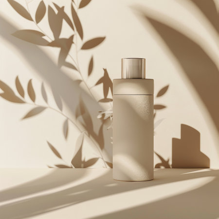 Cosmetic bottle on beige background with shadows. Skin care concept. 3d renderの素材