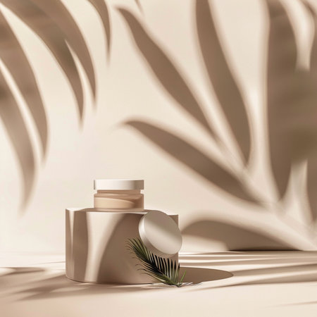 3d render of cosmetic bottle mockup with palm leaves shadow.の素材