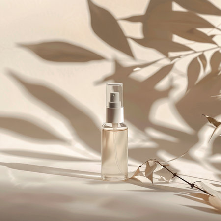 Cosmetic bottle with pipette on beige background with shadows.の素材