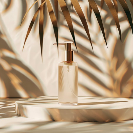 Cosmetic cream bottle on podium with palm leaves. 3d renderの素材