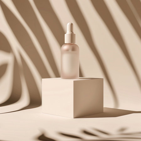 Cosmetic cream bottle on white podium with palm leaf shadow. 3D renderingの素材