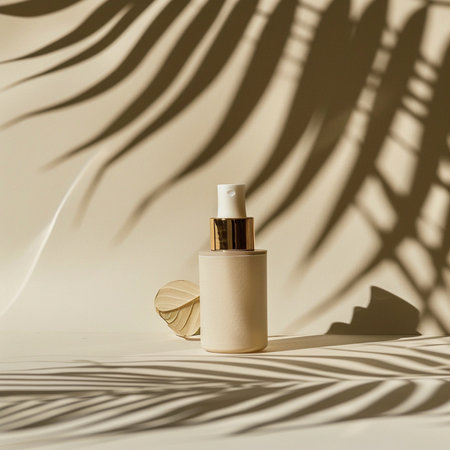 beauty treatment and skincare concept - close up of serum bottle on beige backgroundの素材