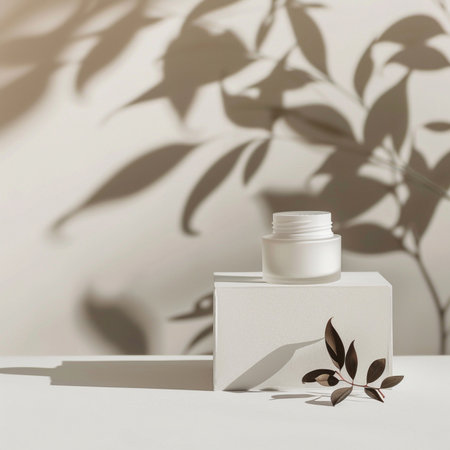 Cosmetic cream in a jar on a white podium with a shadow of a plant on the wall. Mockup.の素材