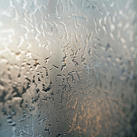 Close-up of frosty pattern on window glass. Winter backgroundの素材
