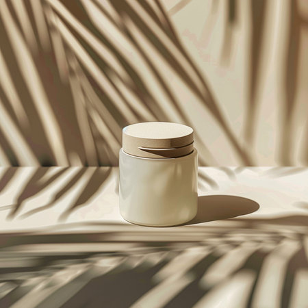 Cosmetic cream in a white jar on a background of palm leaves.の素材
