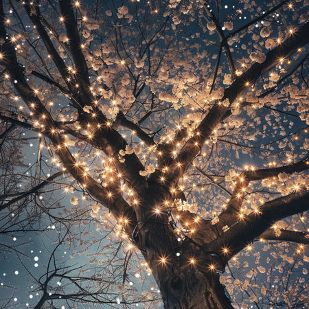 Winter background with tree branches covered with snow and fairy lights, tonedの素材