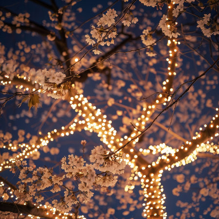 Cherry blossoms in full bloom at night with led garlandsの素材