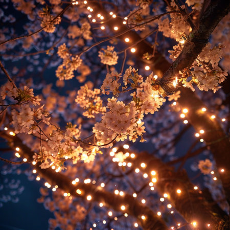 Cherry blossoms and light bulbs on the background of the night skyの素材